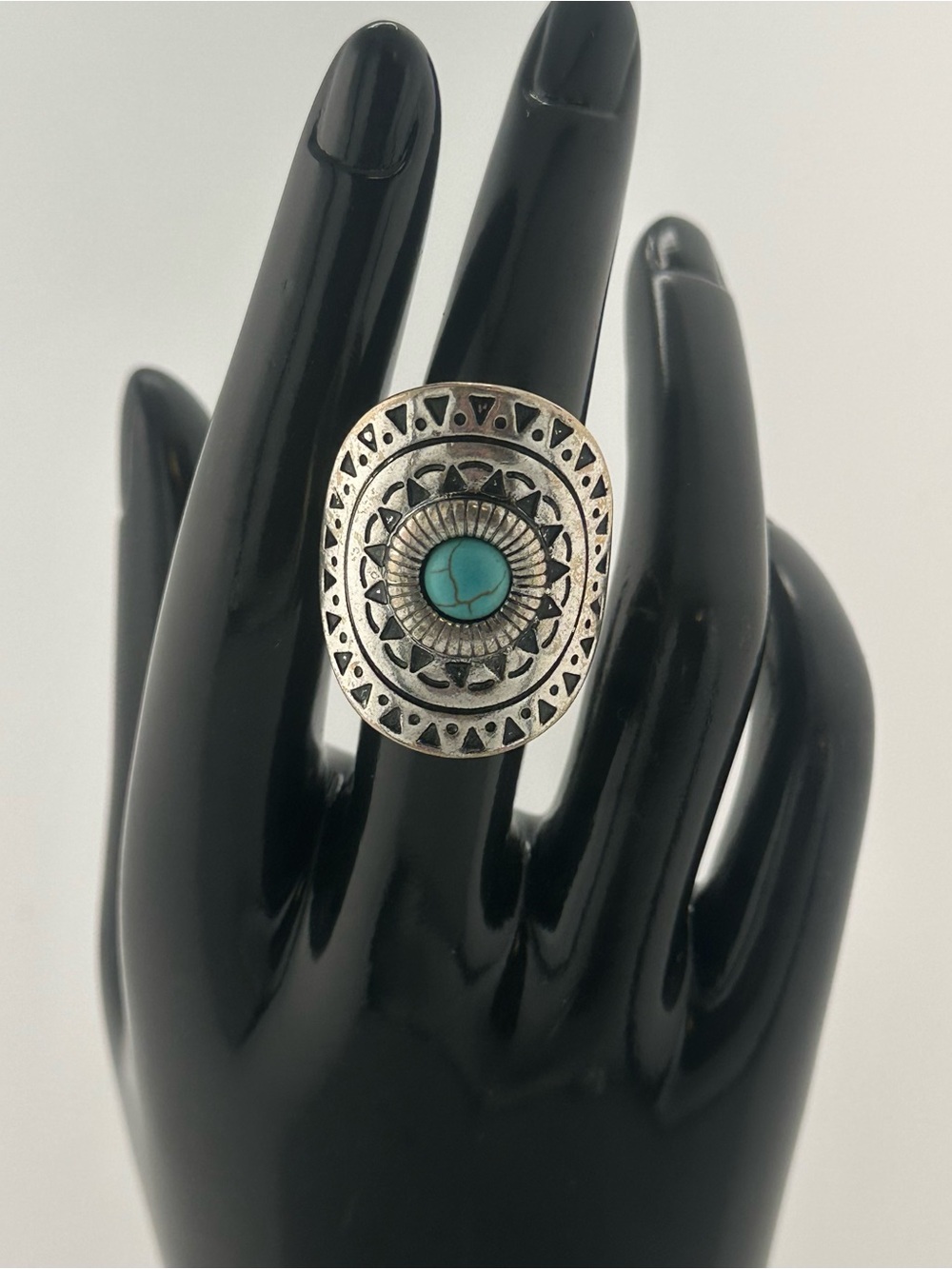Boho Western Turquoise Statement Ring – Silver Tone